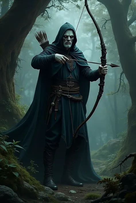 Create a Druid Drow man using a bow and arrow and black clothes 