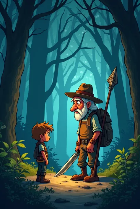 make a ager meet a mysterious old farmer who carries a special spear and sword(make them in a cartoon theme and make their background a dark dense forest) 