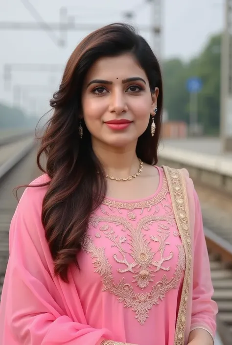 18 years old Cute figure Pakistani Girl Round face deep eyes Extra large shiny Hair rounded breasts in Pink Kameez rose border wearing ear rings in gold laces net dupatta standing on railway station 