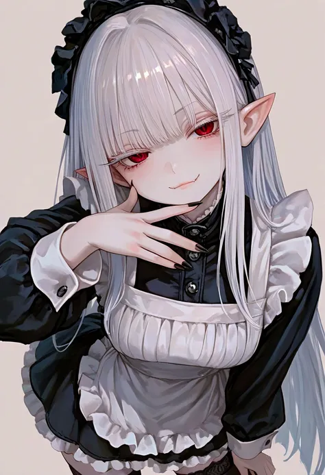 masterpiece, best quality, good quality, very aesthetic, absurdres, newest, 
1girl, solo, 
white hair,
pointy ears, detailed eyes, red eye, fangs, pale skin, black dress, long eyelashes, thick eyelashes, black nails, 
simple background, bangs, long hair, h...