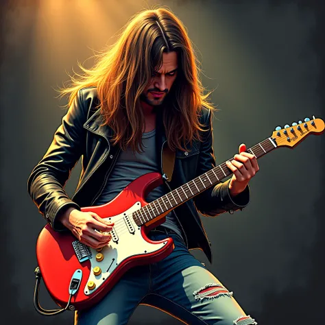 vintage animation of man palying electric guitar metal style  looking down long hair. cant see his face hair covering his whole face