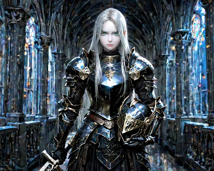 1 girl,medium mature,standing,strong serene look at viewer,aqua eyes,really light Grey pale skin,silver hair,mid long hair,straight hair,silver eyelashes,silver eyebrows,black bronze plate armor,violet trim on the armor,holding the helmet at his waist,posi...