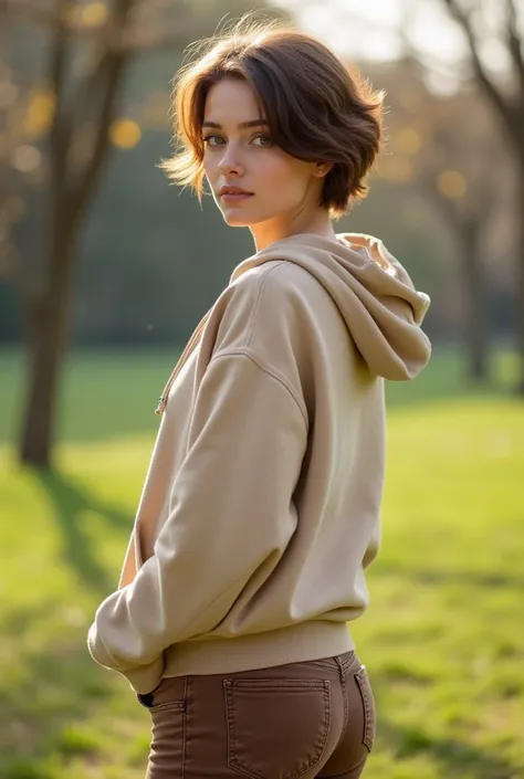 In photorealistic style, it shows a cute young woman of 22 years old, tall and thin, with brown hair and green eyes, with short hair, dressed in a beige hoodie, brown jean pants and white sneakers, posing the famous "Back". Posing" in a park during the day...