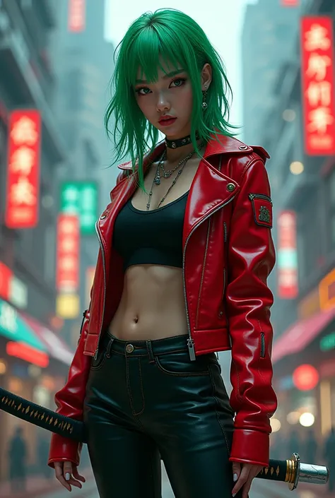  Cyberpunk Japanese Android woman with green hair red jacket black jeans pants with samuray sword 