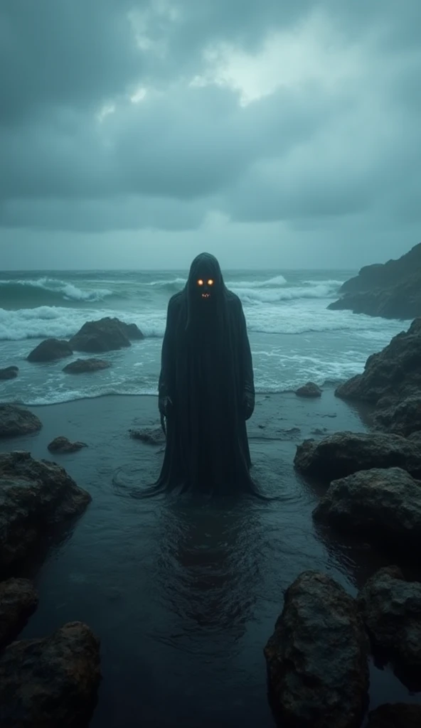 A desolate Icelandic beach under a stormy sky, with dark waves crashing against jagged volcanic rocks. In the mist, a ghostly figure of a fisherman lingers, his translucent form trapped between the mortal world and the abyss. His hollow eyes glow faintly, ...