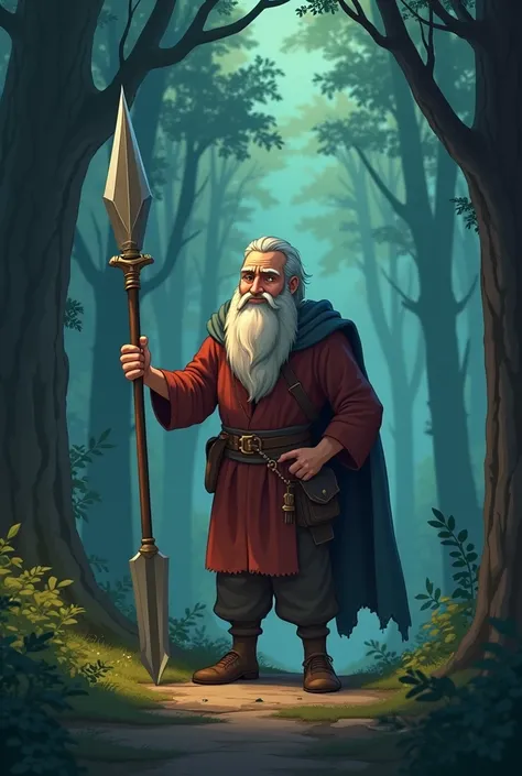 make a teenager meet a mysterious old farmer who carries a special spear and sword(make them in a cartoon theme and make their background a dark dense forest and make the sword and spear more fantasy) 