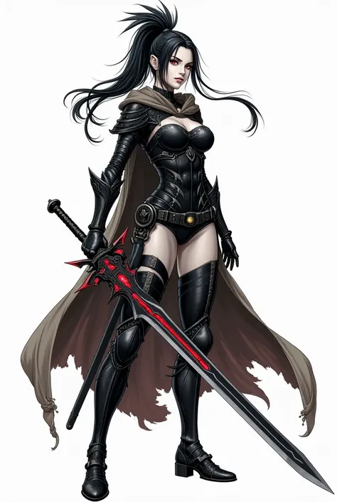 A full-body illustration of a fierce female warrior in a dynamic pose, wielding a long, ornate black sword with glowing red energy veins. She has piercing red eyes, snow-white skin, and long black hair tied in a high ponytail, with loose strands framing he...