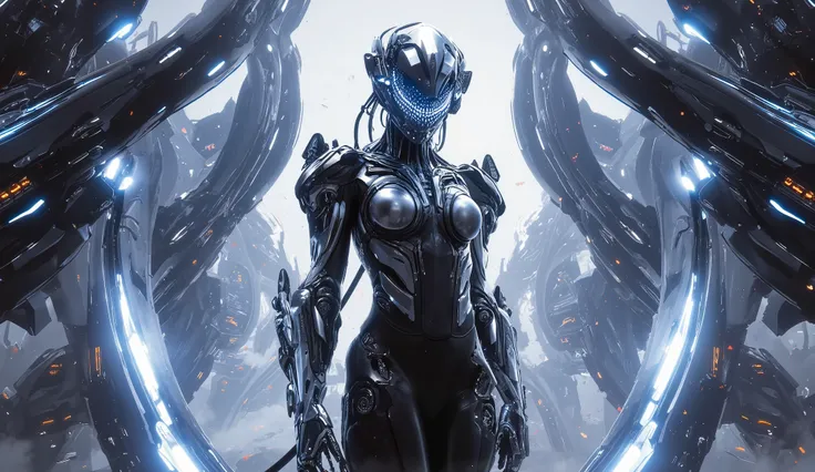 Being feminine in futuristic armor, She wears a helmet that completely covers her face, She's in a futuristic city