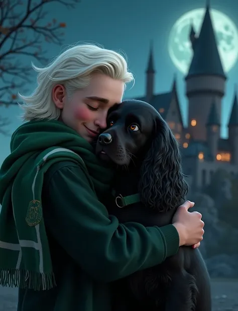 Draco Malfoy hugging a black cocker with Slytherin scarf and hogwars in the background in the animated night 