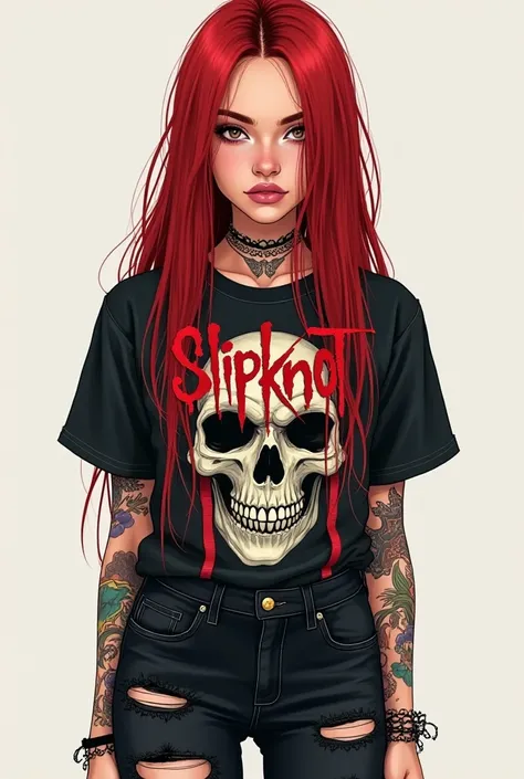  Create an illustration of a 20-year-old white,  Brazilian, with straight red long hair ,  wearing a Slipknot sleeve blouse and ripped black jeans. She has tattoos on her arms,  brown eyes,  nose and ear piercings . She's serious for photo .