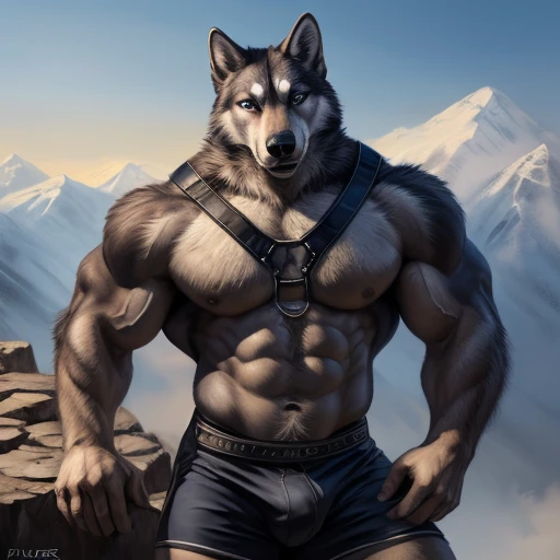 very muscular  husky  Bending muscles,  Standing on top of a mountain ,  wearing climbing harness ,  wearing black summer shorts . 4K,  high resolution,  borrowed letter , perfect colors,  perfect shadows ,  perfect lighting , Posted in e621 ,  gray wolf ,...