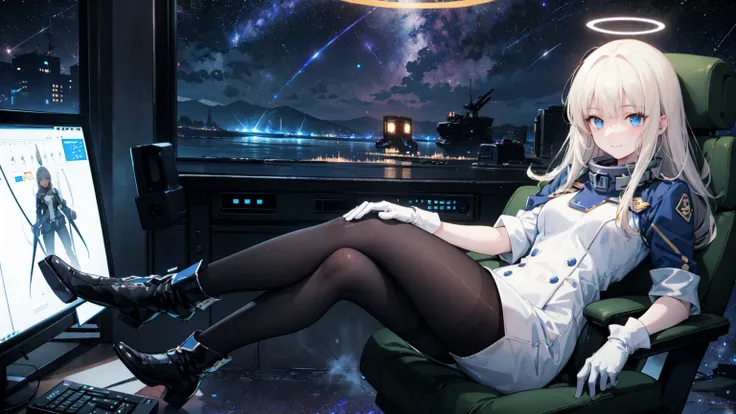   Very detailed ,    masterpiece  ,      are of the highest quality , ,      Soft Smile  , Smile gently,   In space，  space battleship，Command Room，Sitting on the Gaming Chair，Looking out of the computer ， blue eyes ,   long hair , blond,   bangs, Halo，  M...