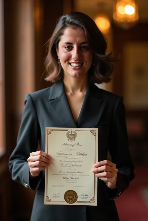 Improve this photo, wearing an elegant outfit and holding a certificate