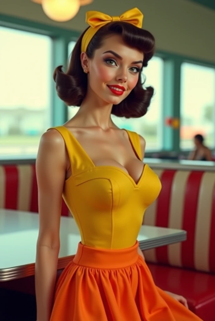 UHD, 32k, Masterpiece, top quality, Surrealism, Yellow Dress, Orange Skirt, Headband, 1950s Style, Pin-up Style, Diner Uniform, 