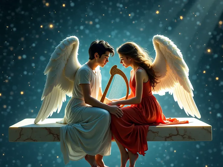 "Broken Hearts Under the Rain of Stars: A Couple of Angels in Mourning"
Prompt: A couple of angels sitting side by side on a floating marble bench in the middle of outer space. Little stars fall like rain around them, creating a magical effect. The STRONG ...