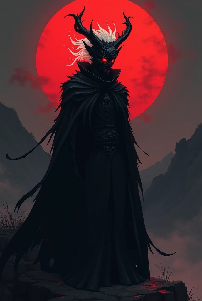 (anime, anime male, anime outline, drawing, sketched, painted.) A dark figure coated with black attire, pure black attire and it's cape flapped behind like a flame, standing on a cliff of a dark mountain under a red sun and a muted misty dark background, a...