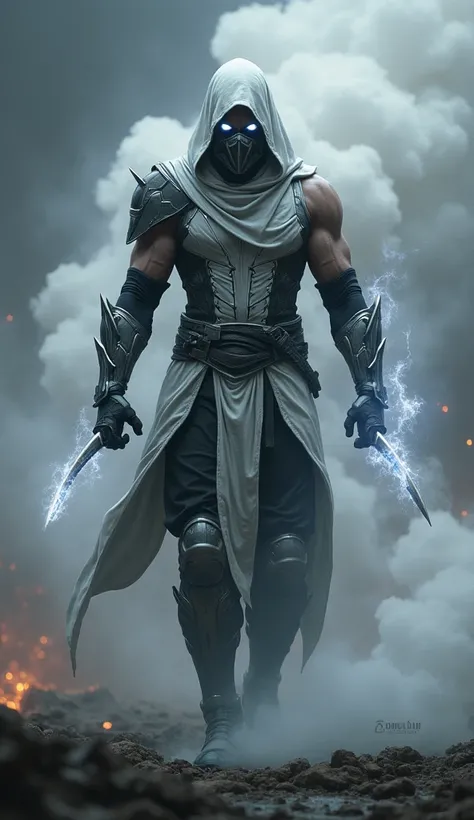 Prompt:
"A hyper-realistic, full-body depiction of a stealthy warrior inspired by Smoke from Mortal Kombat. He wears a sleek, white gray and black armored ninja suit with subtle metallic details and glowing silver energy lines. His masked face is partially...