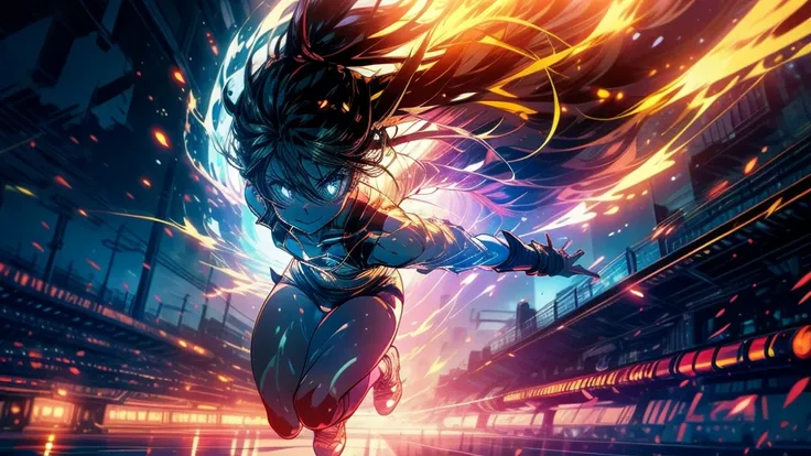 Side-view, anime-style beautiful girl Powerful aggressive running posture Dynamic, energetic, speed Race track, motion blur, speed lines Flowing hair, fierce focused expression Faint golden silhouettes, fading into the distance Warm tones, golden highlight...