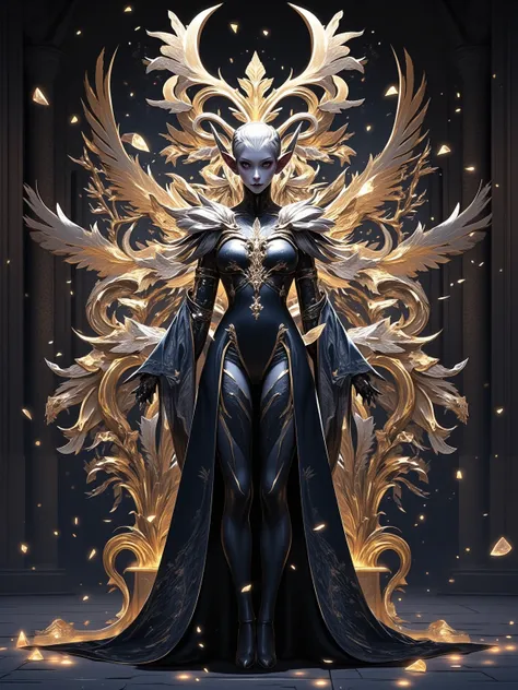 Fairy tale character Lilith standing before her throne, hyperdetailed, intricate, masterful, technically perfect, dark and intricate, fantasy realism, gold foil, silver foil, glass shards，realistic hyper-detailed portraits, unreal engine 5, rococo pastel h...