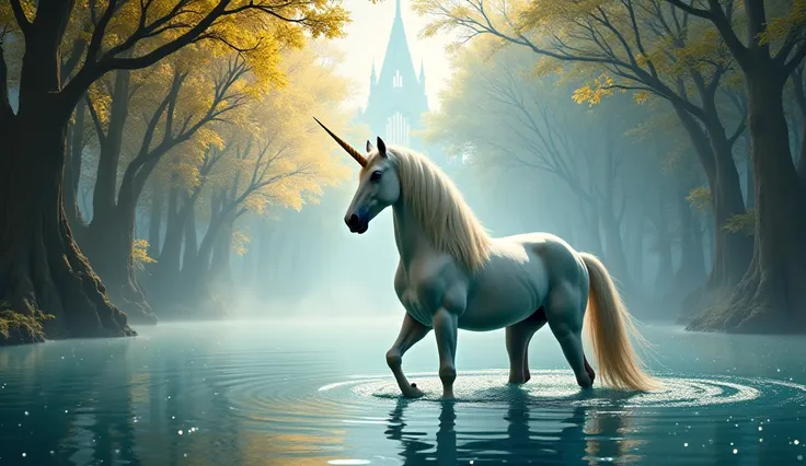 A breathtaking, a perfect intrincated really strong muscles  and big unicorn cinema close up 0.5 meters of camera view, in front , tail and long horshair melting in water, bright horn, make a noble pose towards to the camera, head to the right, in a celest...