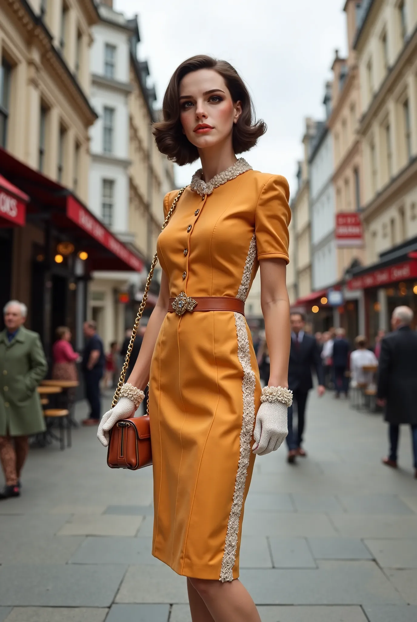 Draw this face with 20th century 60s fancy female fashion clothes and she is standing on the street of Central London with a handbag in her hand