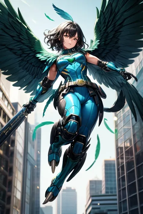 ((best quality)), ((masterpiece)), (detailed), 1 male, full body, 25 years old, brown eyes, wavy hair, short hair, black hair, tan skin, black neck, tall, slim, black beak, black details, a green parrot with a blue head on the side, metallic wings, wings o...