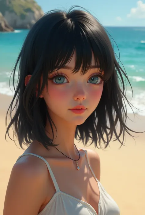 Picture of white human woman with medium black hair with blue eyes on the beach