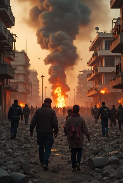 “A war-torn city in ruins, buildings engulfed in flames, thick black smoke rising into the sky. Civilians and rescue workers are desperately searching through rubble for survivors. A crying mother holds her young daughter, their clothes covered in dust and...