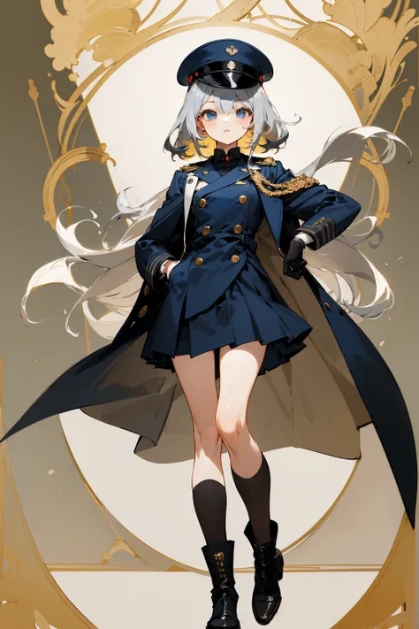  of World War II 、 full-body portrait of an adorable silver-haired girl wearing a German Navy uniform 。 she is a young girl like a destroyer 々 has an adorable vibe 。 the uniform is based on historical designs 、 arranged to give an attractive and adorable i...