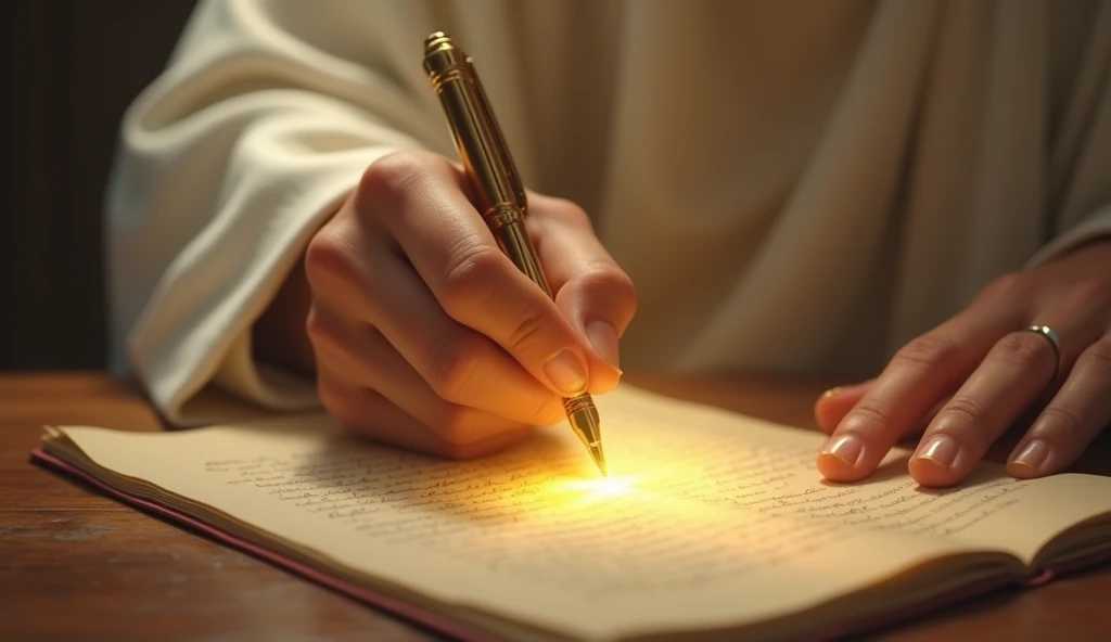 A HAND WRITING ON PAPER WITH ILLUMINATED GOLDEN PEN, A WHITE SLEEVE APPEARS ON THE WRIST (SYMBOLIZING THE HAND OF JESUS)