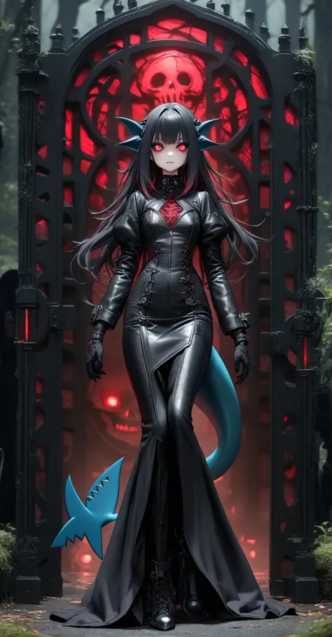 gothic Shark girl With shark tail and fins , detailed leather dress, heavy iron gate with dark forest behind it, spooky, red glow , With shark tail and fin 