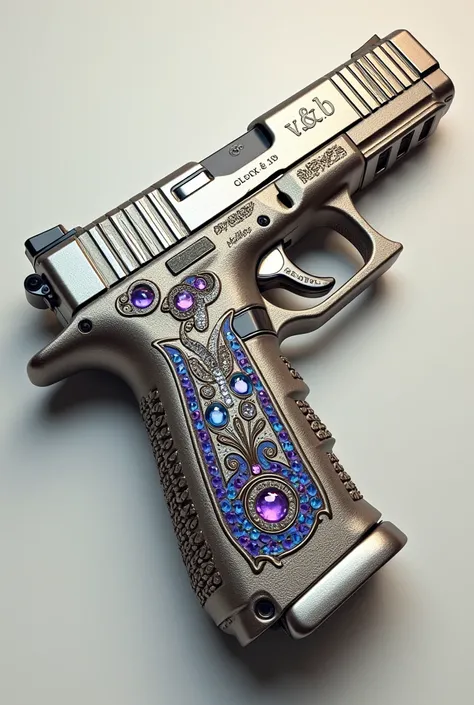 Realistic illustration: Glock 19 pistol, forged in silver with some inlays of sapphires and diamonds, an inscription on the handle with cursive letter V&b