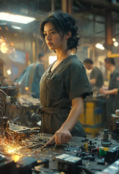 A silly solution,  high resolution, ( Masterpiece: 1.4),  very detailed,  young woman&#39;Short, messy black hair, Welder dresses up , Factory Advanced Workbench ,  tech sense screen  