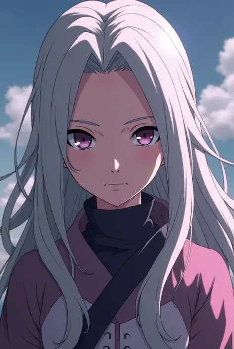 Naruto Shippuden Screenshots Screencap,  girl, pinkish light skin tone, long abundant silver hair, dark purple eyes, slim build, soft face, feminine and cute ninja outfit