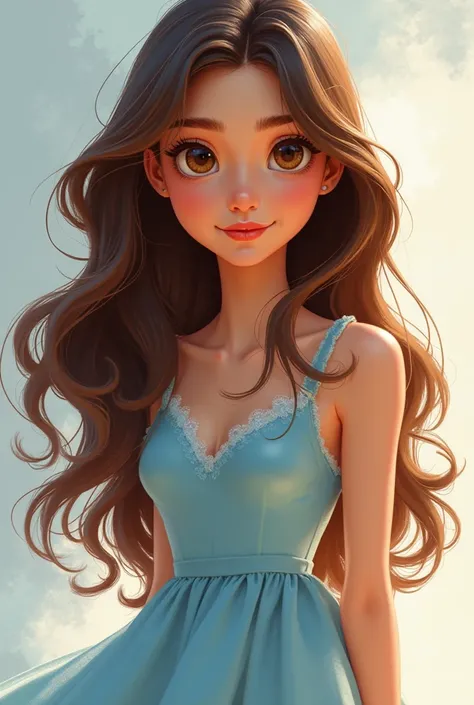 Create a Disney Pixar-style woman she's a brunette has long hair ,wavy,She has brown eyes and is wearing a light blue dress 