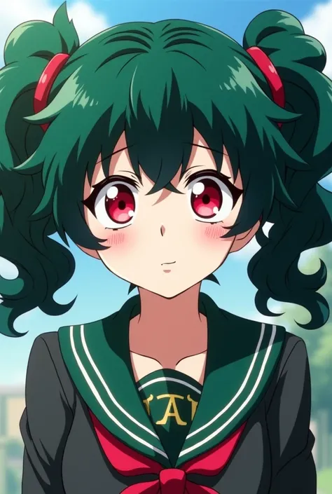  Screenshot My Hero Academia.
 A white-skinned teenager , Ojos rojos,  green hair in two curly pigtails, wearing the UA uniform 