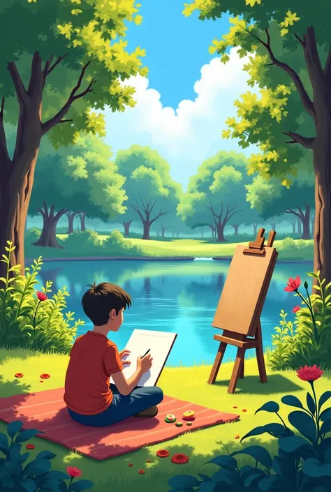 Can you create an image for me where a person is drawing a landscape in the park