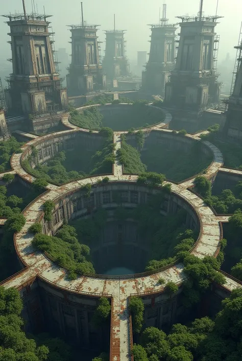 Could you generate a circular dystopian build using the colors gray, white, rust, and granary such a vines, bushes, plants, etc 