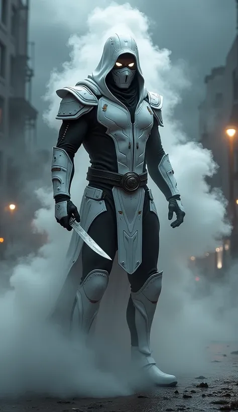 Prompt:
"A hyper-realistic, full-body depiction of a stealthy warrior inspired by Smoke from Mortal Kombat. He wears a sleek, white gray and black armored ninja suit with subtle metallic details and glowing silver energy lines. His masked face is partially...