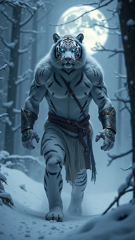 *"Forged in the icy depths of an ancient legend, a mythical fusion of man and white tiger emerges from the snowy abyss. His muscular upper body retains human form, his arms strong, wrapped in warrior’s bracers, yet beneath his waist, he transforms into the...