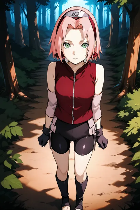 Sakura Haruno, solo, 1girl, green eyes, short pink hair, parted bangs, forehead protector, dark gloves, red sleeveless shirt, zipper on shirt, dark bike shorts, elbow warmers, dark toeless footwear, dark boots 8k, Obra maestra, mejor calidad, ultra detalla...