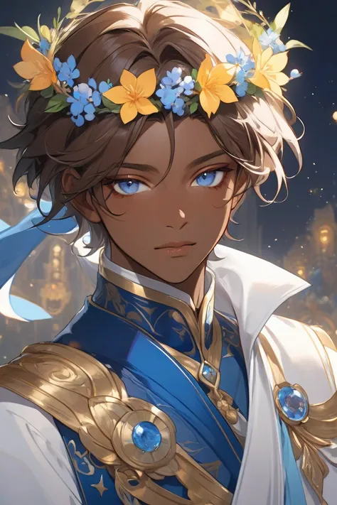 a close up of a dark-skinned man with a Olympian Deity garments, beautiful androgynous prince, delicate androgynous prince, artwork in the style of guweiz, highly detailed exquisite fanart, blue eyes, brown hair, flowercrown