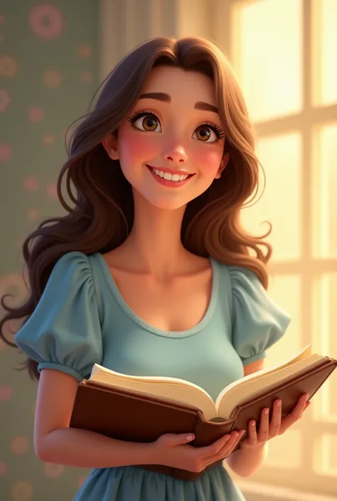 Create a Disney Pixar-style woman she's a brunette has long hair ,wavy,She has brown eyes and is wearing a light blue dress,She's smiling and holding a bible 