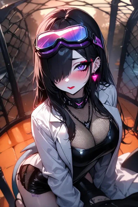 gothic Shark girl With shark tail and fins , detailed leather dress, heavy iron gate with dark forest behind it, spooky, red glow , With shark tail and fin  , Long hair Long hair , Dressed in a scientist outfit with lab coat, And with aviation goggles on h...