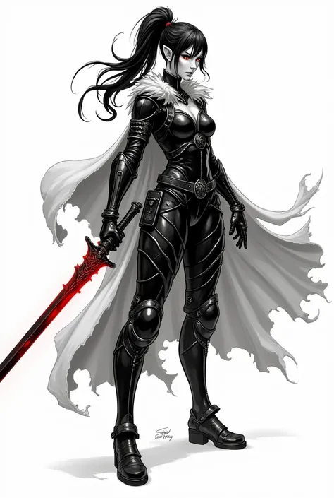 A full-body illustration of a fierce female warrior in a dynamic pose, wielding a long, ornate black sword with glowing red energy veins. She has piercing red eyes, snow-white skin face, and long black hair tied in a high ponytail, with loose strands frami...