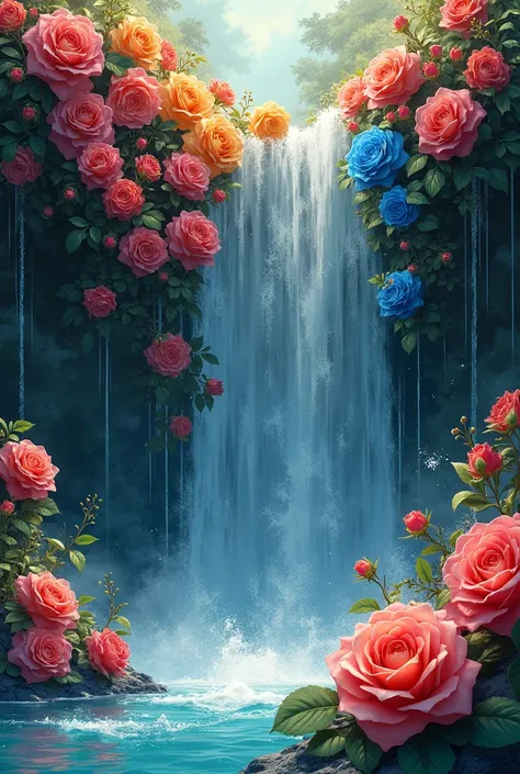 More colourful roses red yellow pink blue in a waterfall 