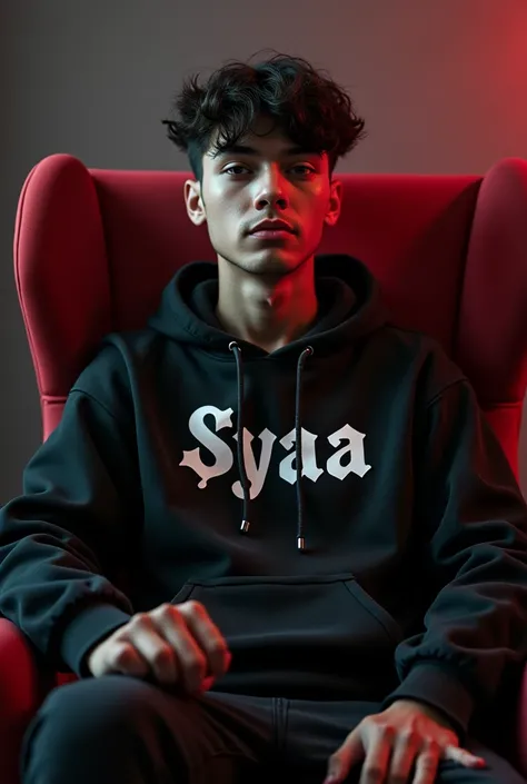  Create a 3D illusion for a profile photo of a 19-year-old boy sitting comfortably in a Mafia chair.  The boy is wearing a Black Hoodie with the inscription Syaa .  And the girl has wavy hair , beautiful and wearing a white hoodie written by Xerzz. She loo...