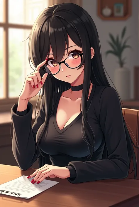 anime girl with black hair and glasses sitting at a table, an anime drawing by Yang J, trending on pixiv, shin hanga, seductive anime girl, attractive anime girl, anime style 4 k, beautiful alluring anime woman, badass anime 8 k, anime girl, beautiful anim...