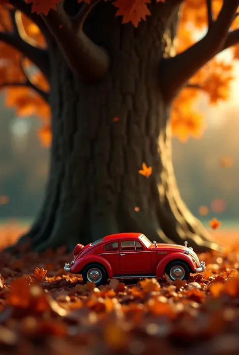 The red toy car hidden under brown leaves at the base of the oak tree, partially uncovered