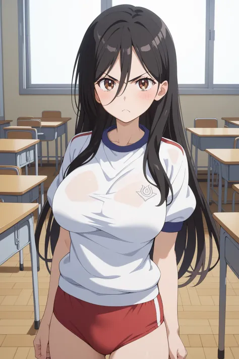 masterpiece,best quality,{{detailed beautiful face and eyes}}, very detailed background,
Seiri Fukiyose,{{{megami magazine}}},long hair,black hair,hair between eyes,brown eyes,large breasts,
gym uniform,red buruma, white shirt, short sleeves, thighs,
1girl...